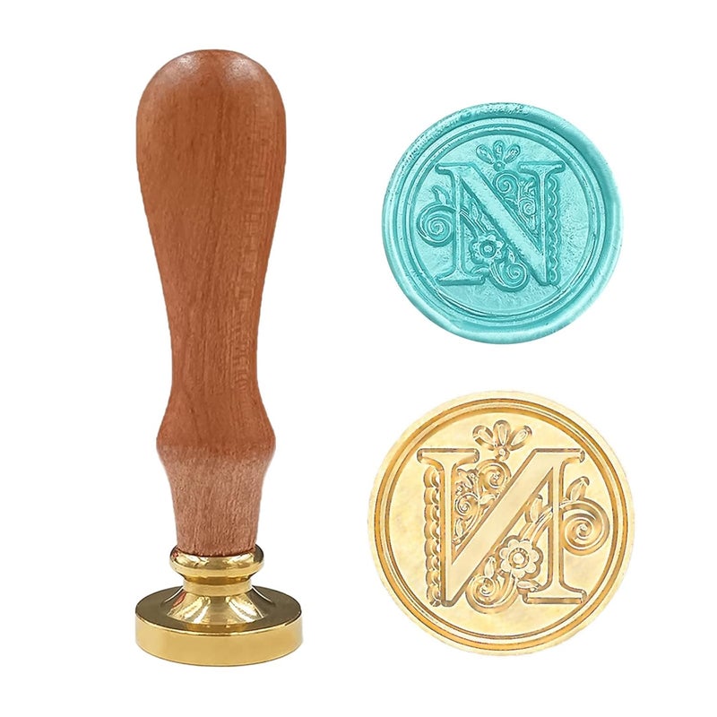 krastmon Medieval Traditional Initial Alphabet Wax Seal Stamp, Brass Head Wooden Handle Letter Stamps for Card/Envelope/Gift - (Letter N) - Image 1